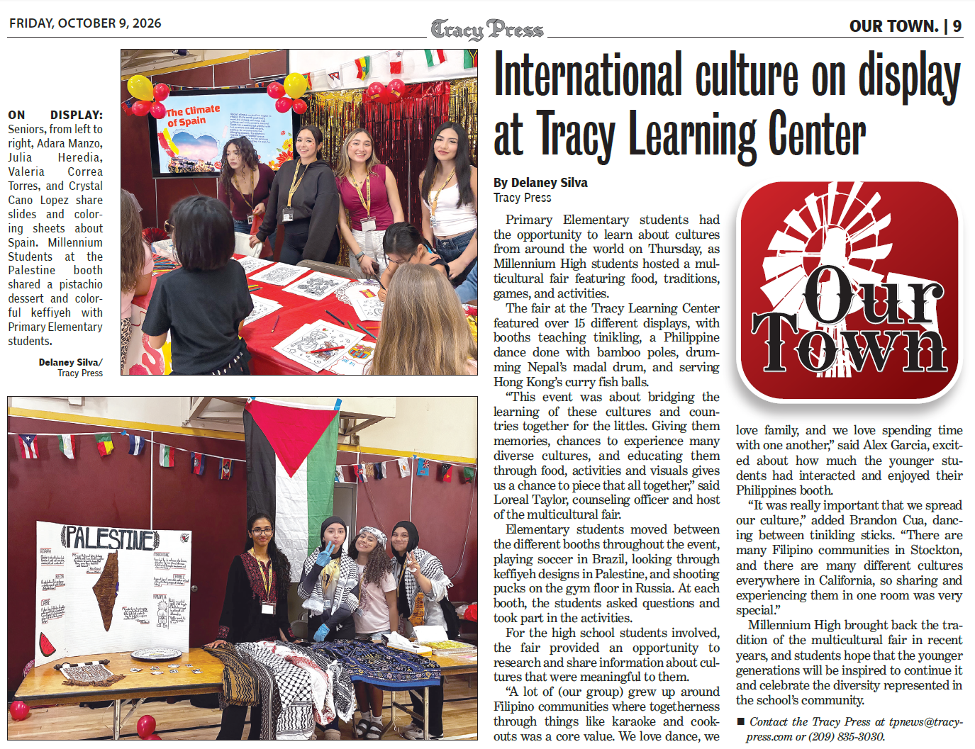 A newspaper page featuring an article titled International culture on display at Tracy Learning Center, complete with photos of students at a cultural event.